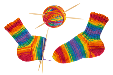 Knitted sock and ball of yarn. Knitting needles. Handmade hobby knitting. Wooden bamboo needles for knitting, sewing. Acrylic, wool or cotton thread. Handcraft, art and craft professional tools