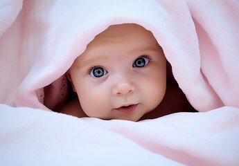 Fototapeta na wymiar Generative AI image of a beautiful blue eyes baby under a blanket 