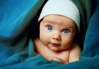 Generative AI image of a beautiful blue eyes baby under a blanket  - obrazy, fototapety, plakaty
