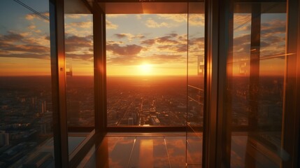 Urban Symphony: Captivating Sunset View from Glass Elevator in Skyscraper - Embrace the City's Majesty and Unleash Your Inner Explorer!