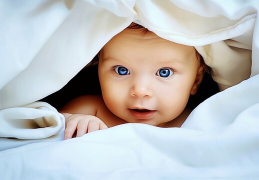 Generative AI image of a beautiful blue eyes baby under a blanket 