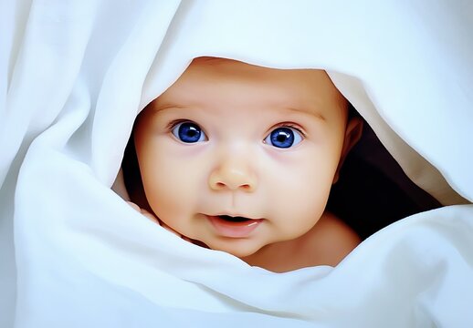 Generative AI image of a beautiful blue eyes baby under a blanket 
