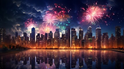 City of Lights: Captivating Skyscraper Illuminated by Vibrant Fireworks - Celebrating the Vibrancy and Festivity of Urban Life