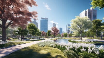 Fototapeta premium Nature's Symphony: A Vibrant City Park Embracing Urban Development in Spring