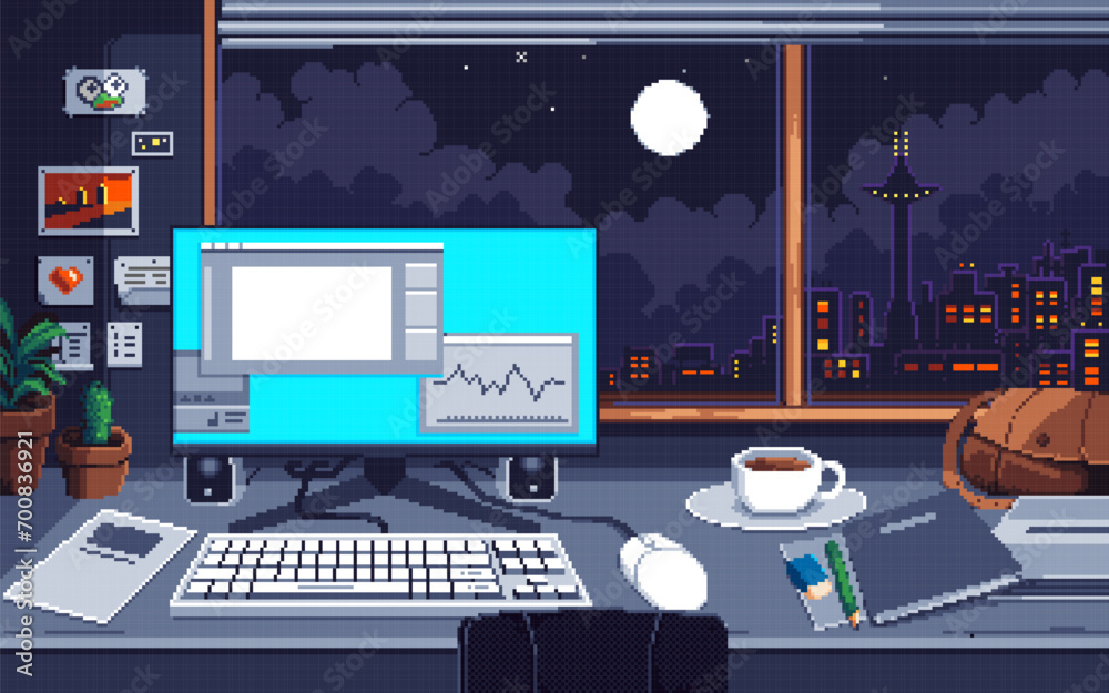 Fototapete pixel art illustration work desk background. pixelated work desk. work desk office background pixela