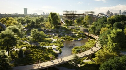 Fototapeta na wymiar Urban Oasis: Serene Cityscape with Lush Green Belt, Tranquil Walking Paths, and Contemporary Sculptures - Embracing Nature and Modernity in Perfect Harmony