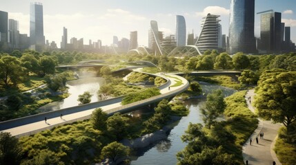 Urban Oasis: Serene Cityscape with Lush Green Belt, Tranquil Walking Paths, and Contemporary...