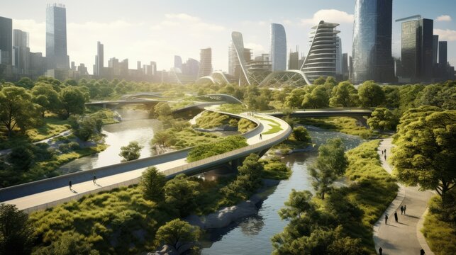 Urban Oasis: Serene Cityscape with Lush Green Belt, Tranquil Walking Paths, and Contemporary Sculptures - Embracing Nature and Modernity in Perfect Harmony