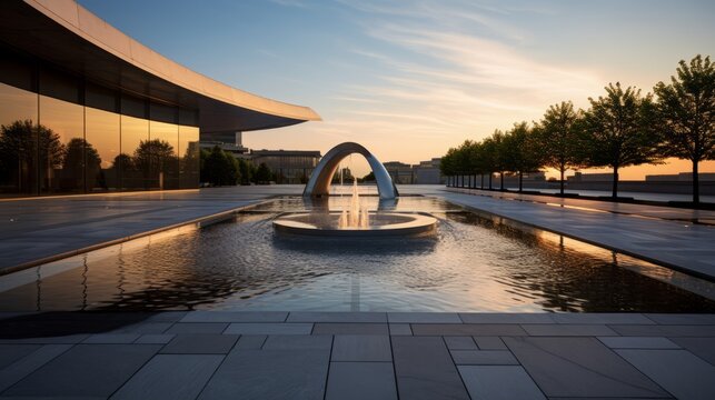 Reflective Oasis: Captivating Water Feature Embraces Modern Architecture and Sky in Artistic Plaza