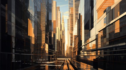 Urban Elegance: Captivating Sunlight and Shadow Dance on Mirrored Skyscrapers, Showcasing the...