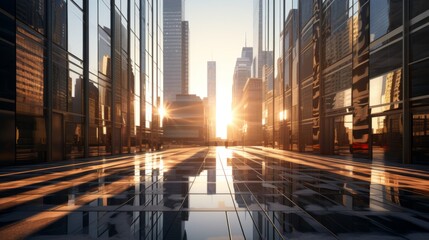 Urban Elegance: Captivating Sunlight and Shadow Dance on Mirrored Skyscrapers, Showcasing the...