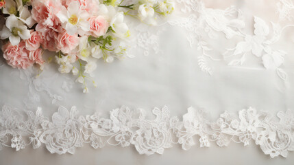 Close up of white lace fabric with pink flowers, wedding concept