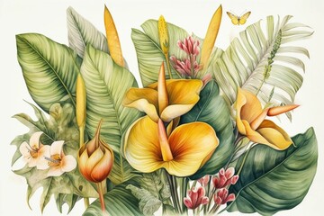 Colorful watercolor botanical illustration of tropical flowers and palm leaves in a wild jungle nature with Hawaiian paradise flora and yellow calla lilies, isolated on white. Generative AI