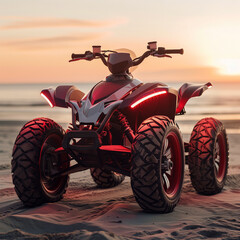 Fototapeta premium Riding into the Golden Glow: The Ultimate Electric ATV on a Beach at Sunset