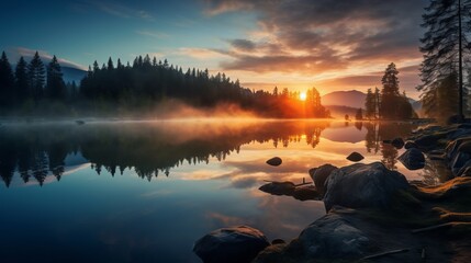 Serene Sunrise: Captivating Mountain Lake Reflections in Tranquil Dawn Mist - HDR Landscape...