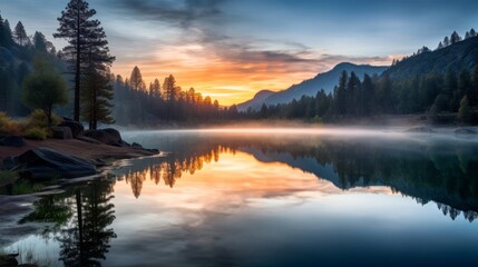 Fototapeta na wymiar Serene Sunrise: Captivating Mountain Lake Reflections in Tranquil Dawn Mist - HDR Landscape Photography
