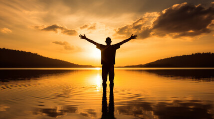 A person stands in the water at sunset, arms outstretched, emanating a serene emotion. - obrazy, fototapety, plakaty