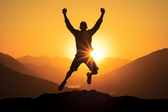 A person jumps in the air with their hands up, exuding happiness and vibrant energy.