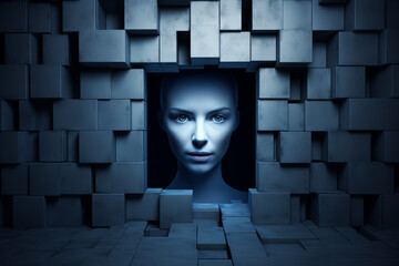 Through a hole in a wall of cubes, a futuristic portrait of a humanoid woman is revealed. - obrazy, fototapety, plakaty