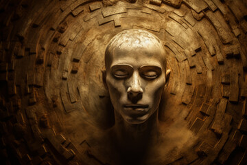 A golden sculpture of a humanoid face represents a memory trapped in eternal time.