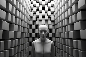 A mannequin stands before a wall of cubes, embodying a futuristic robotic woman.