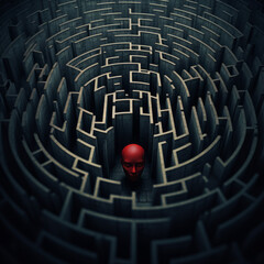 A red head hides within a 3D maze, symbolizing a consciousness trapped in the void. - obrazy, fototapety, plakaty