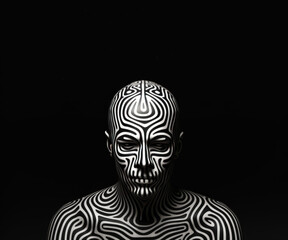 A man, his body painted with a black and white pattern, presents a detailed, symmetrical portrait of a humanoid cyborg.