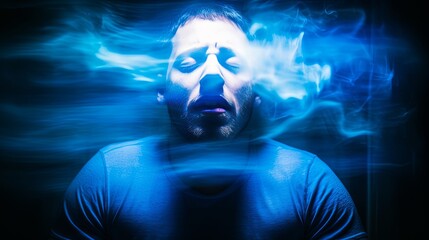 A man in a blue shirt emits smoke from his mouth, suggesting astral projection and psychic powers.