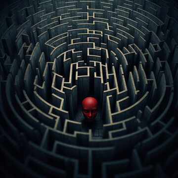 A red head hides within a 3D maze, symbolizing a consciousness trapped in the void.