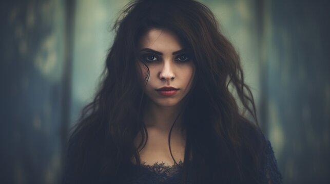 A person with long, dark hair is captured in a beautiful, dark fantasy portrait, eyes haunted and expressive.