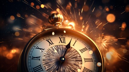 Timeless Celebration: Golden Fireworks Illuminate the Midnight Hour on a Roman Numeral Clock
