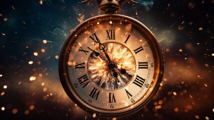 Timeless Celebration: Golden Fireworks Illuminate the Midnight Hour on a Roman Numeral Clock - obrazy, fototapety, plakaty