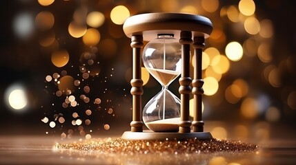 Countdown to Celebration: Captivating New Year's Eve Stock Image with Sand Hourglass and Festive...