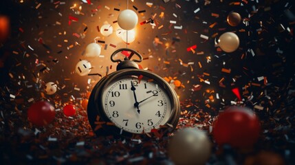 Fototapeta na wymiar Countdown to Celebration: Stylish Clock Unites Festive New Year's Party with Vibrant Balloons and Confetti