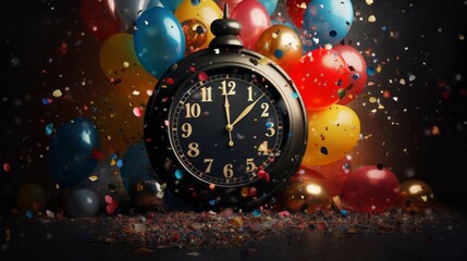 Countdown to Celebration: Stylish Clock Unites Festive New Year's Party with Vibrant Balloons and...