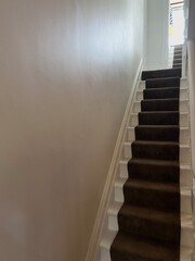 Stairs with brown carpet and white railing ascending against a white wall.