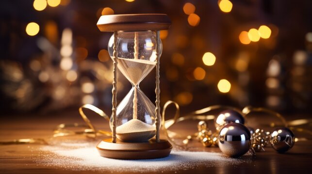 Countdown to Celebration: Captivating New Year's Eve Stock Image with Sand Hourglass and Festive Table Decor