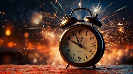 Timeless Celebration: Vintage Clock Strikes Midnight, Igniting New Year's Fireworks Spectacle
