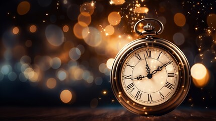 Obraz na płótnie Canvas Timeless Elegance: Antique Pocket Watch Embraces Midnight Amidst Sparkling Celebration Lights