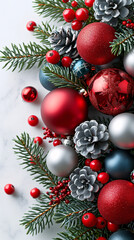 Fototapeta na wymiar Christmas tree branch with beautiful balls and red berries