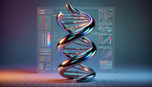 Iridescent DNA double helix against minimalist backdrop.