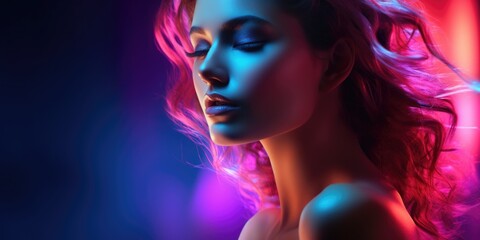 Long-haired beauty adorned in neon makeup, a captivating blend of bold colors and stunning elegance - obrazy, fototapety, plakaty