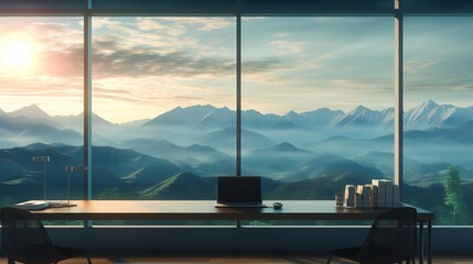 Nature's Serenade: A Breathtaking Escape from the Office Grind - Surreal Mountain Vistas Inspire Tranquility and Productivity - obrazy, fototapety, plakaty