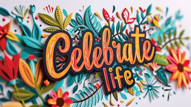 Artistic 'Celebrate Life' lettering surrounded by a tapestry of colorful paper foliage and blooms, expressing the vibrancy and diversity of life.