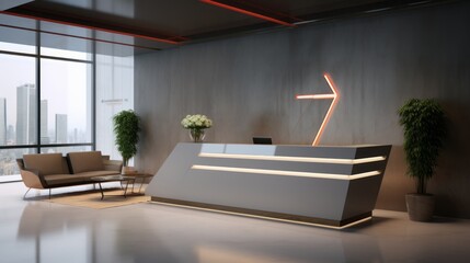 Modern Elegance: Illuminated Office Lobby with Dynamic LED Lighting, Comfortable Waiting Area, and...