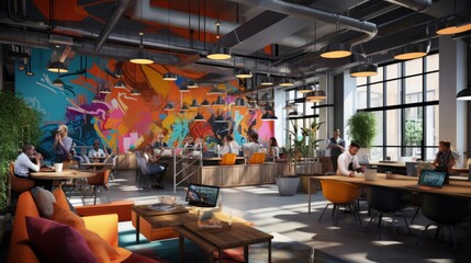 Unleashing Creativity: Vibrant Tech Startup Workspace with Graffiti Art, Exposed Ductwork, and...
