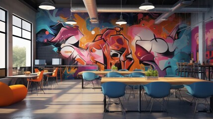 Unleashing Creativity: Vibrant Tech Startup Workspace with Graffiti Art, Exposed Ductwork, and...