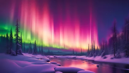Foto op Plexiglas Aurora borealis over a snow-covered landscape with a river and trees © Michelle D. Parker