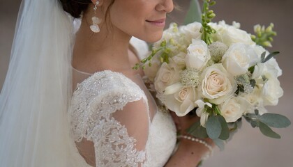 Naklejka premium Beautiful woman dressed as a bride, with a white dress and a bouquet of flowers. Pretty white woman with black hair. Girl about to get married or recently married.