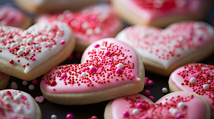 Valentine's day heart shaped sugar cookies, frosted with sprinkes - obrazy, fototapety, plakaty